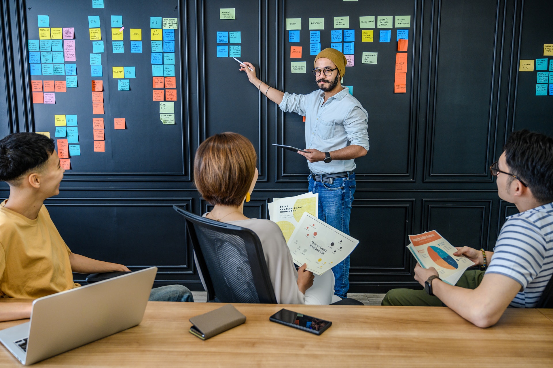 Manager discussing OKR examples with three employees