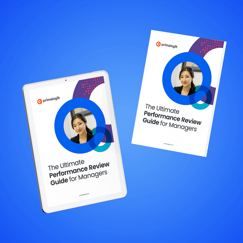 An iPad and a document displaying The Ultimate Performance Review Guide for Managers